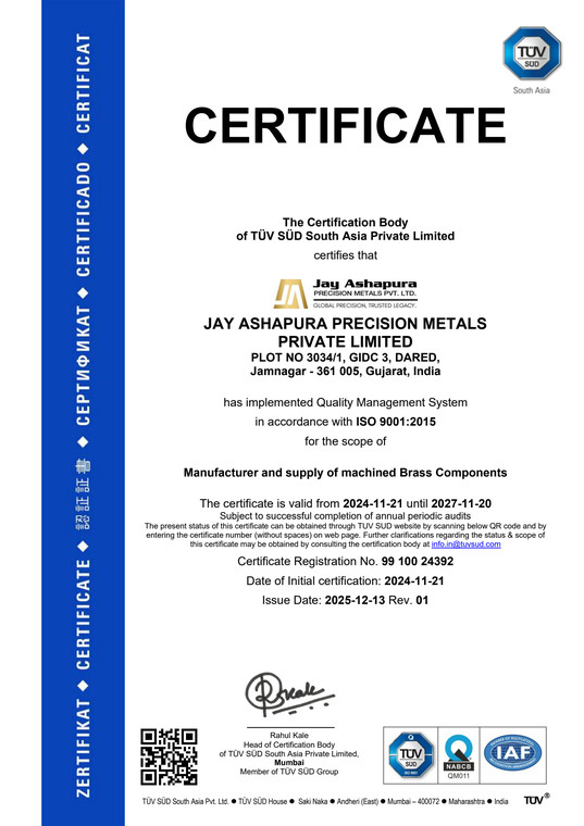 ISO 9001:2015 certificate issued to Jay Ashapura Precision Metals by T&Uuml;V S&Uuml;D South Asia